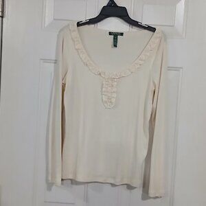 LAUREN RALPH LAUREN V-Neck Ruffle Trim Long Sleeve Lightweight Sweater Ivory